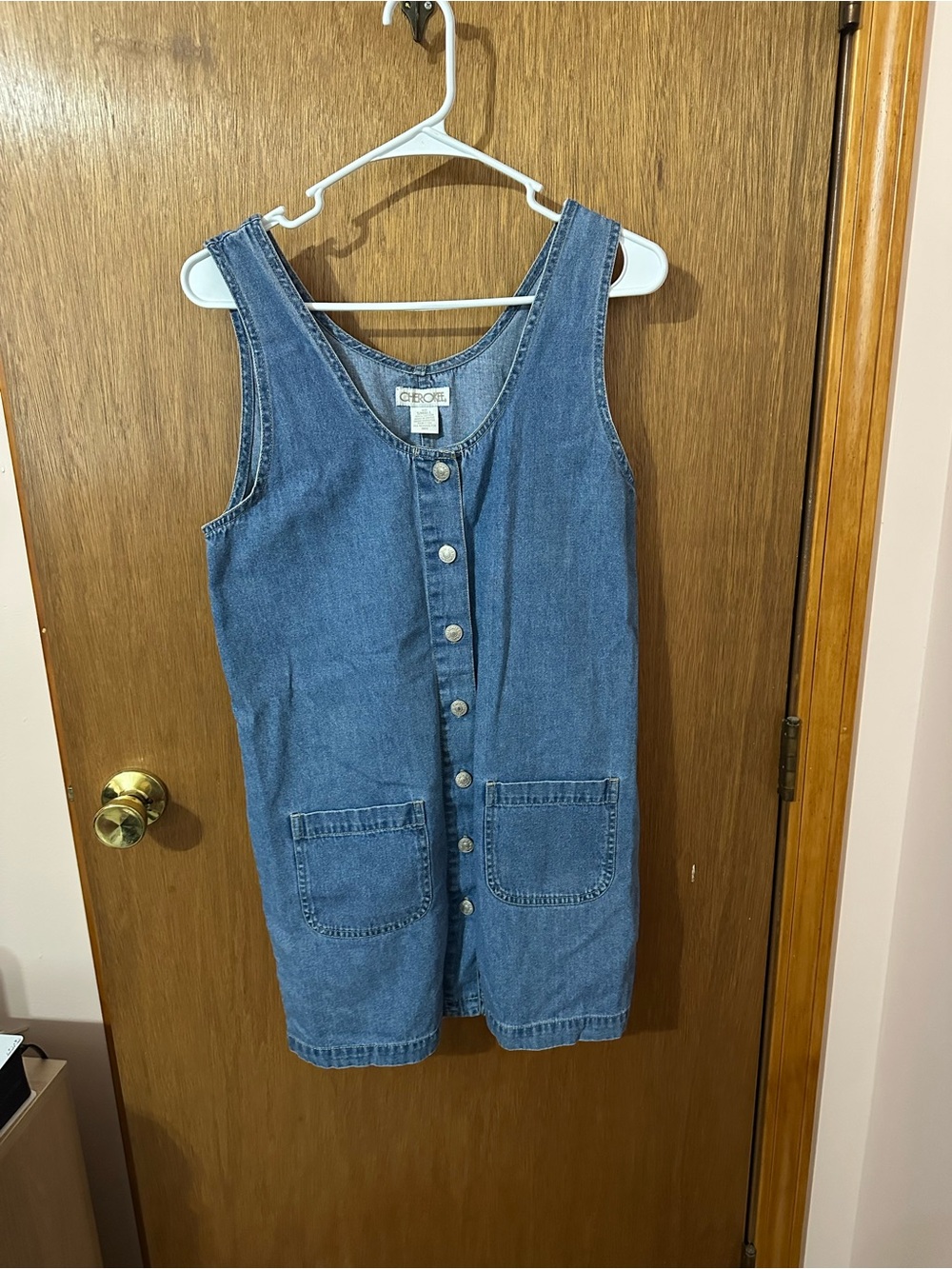 Vintage Cherokee Chore Denim Button-Front Jumper Dress in Classic Blue